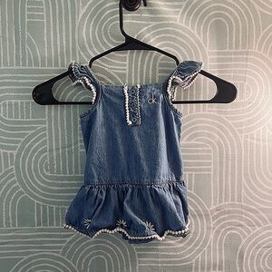 Calvin Klein Jeans Baby Girl Denim Romper 18M Ruffle Pom Trim
